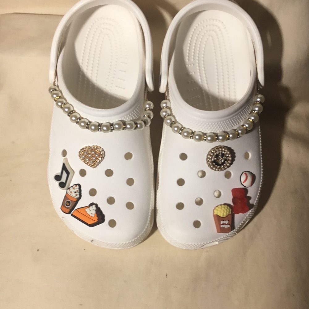 Kids White Crocs Shoes with Pearl Strap and Charms
